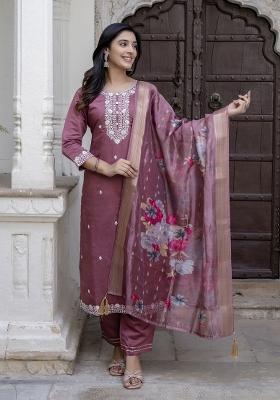 Purple Resham Embroidery Art Silk Salwar Kameez With Dupatta
