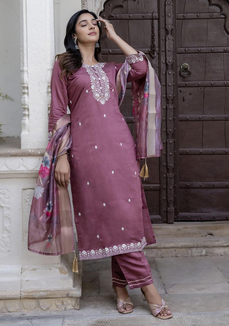 Purple Resham Embroidery Art Silk Salwar Kameez With Dupatta