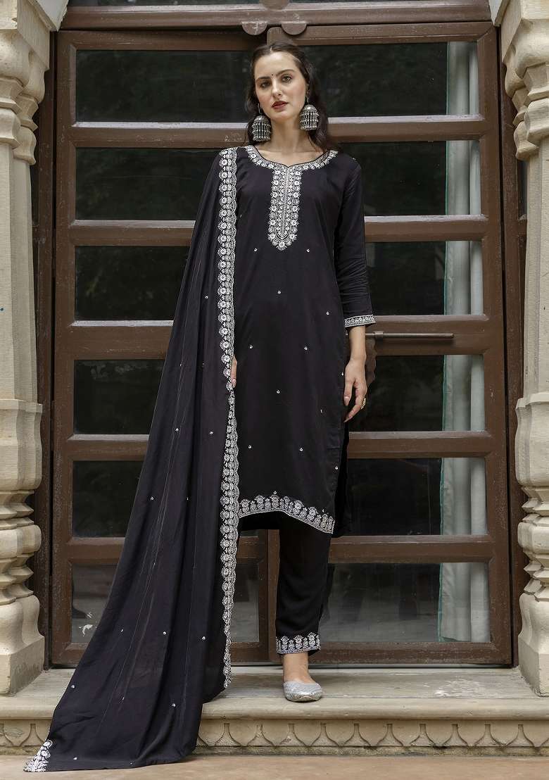 Black Resham Embroidery Art Silk Salwar Kameez With Dupatta - Indya