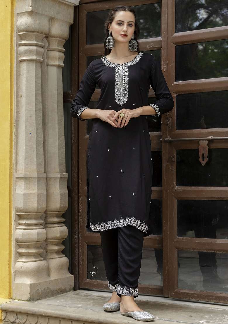 Black Resham Embroidery Art Silk Salwar Kameez With Dupatta - Indya