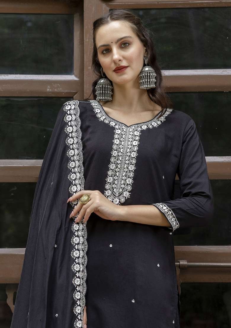 Black Resham Embroidery Art Silk Salwar Kameez With Dupatta - Indya