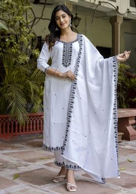 White Resham Embroidery Art Silk Salwar Kameez With Dupatta