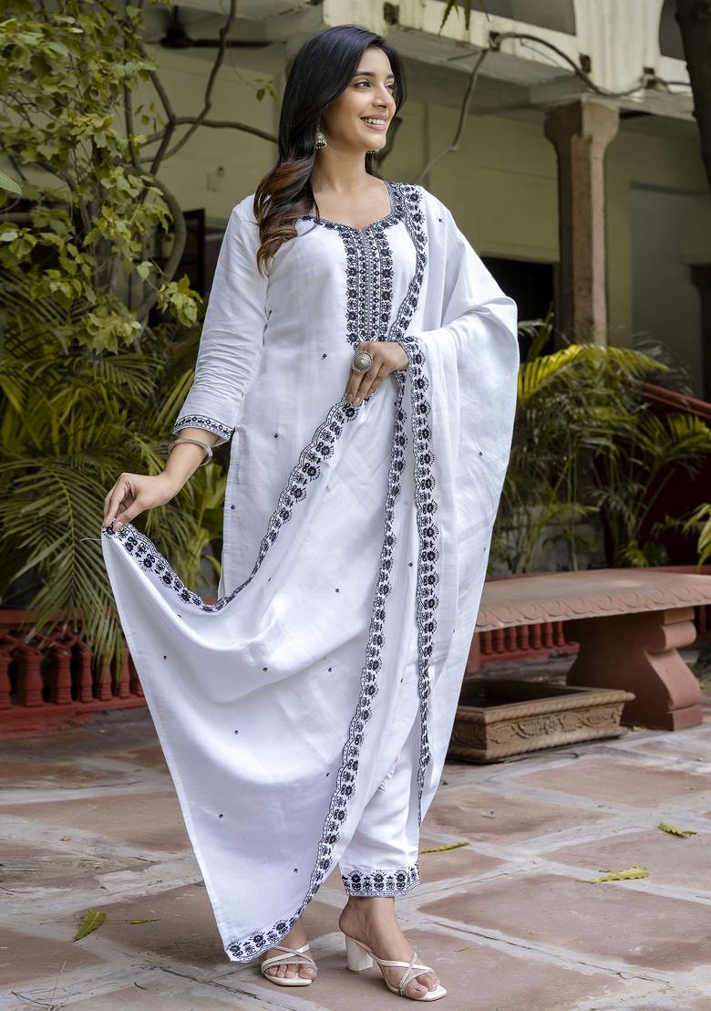 White Resham Embroidery Art Silk Salwar Kameez With Dupatta