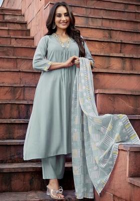 Blue Resham Embroidery Art Silk Salwar Kameez With Dupatta