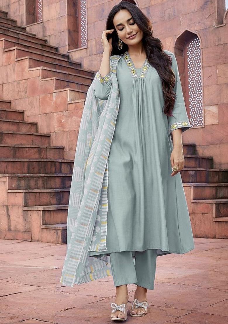 Blue Resham Embroidery Art Silk Salwar Kameez With Dupatta