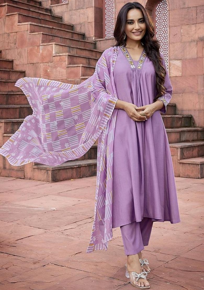 Purple Resham Embroidery Art Silk Salwar Kameez With Dupatta