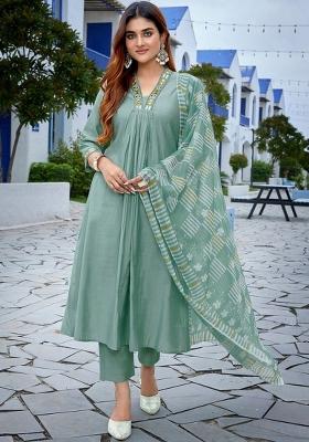 Green Resham Embroidery Art Silk Salwar Kameez With Dupatta
