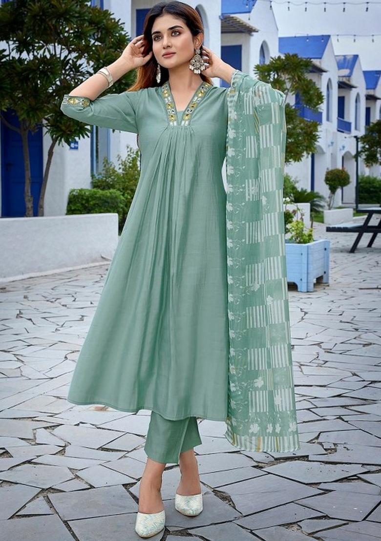 Green Resham Embroidery Art Silk Salwar Kameez With Dupatta