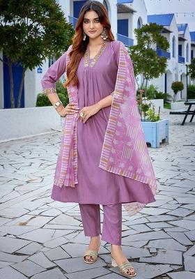Purple Resham Embroidery Art Silk Salwar Kameez With Dupatta