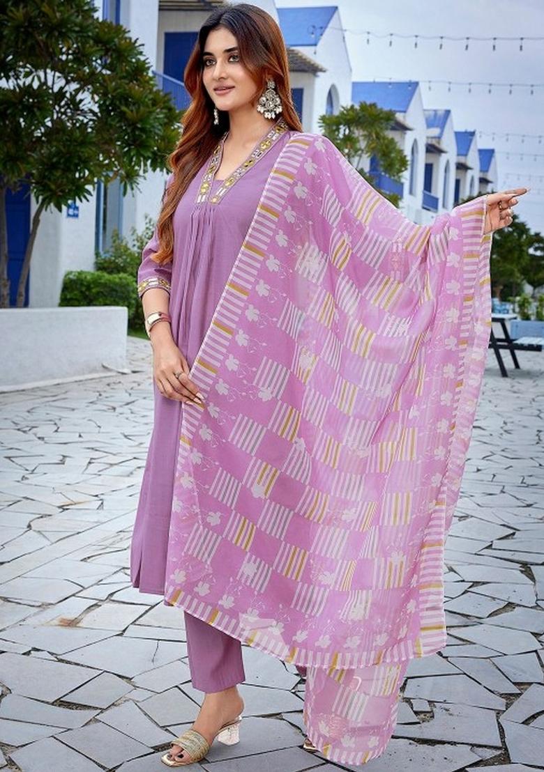 Purple Resham Embroidery Art Silk Salwar Kameez With Dupatta