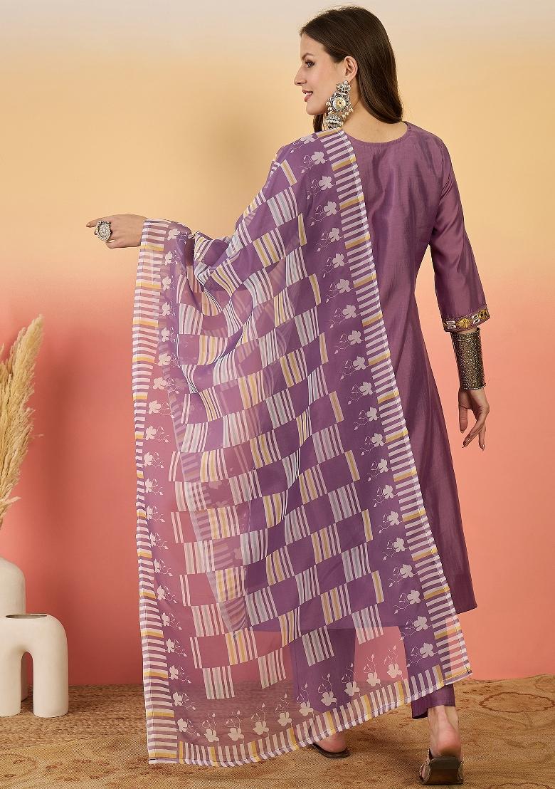 Lavender Resham Embroidery Art Silk Salwar Kameez With Dupatta