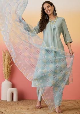 Sky Blue Resham Embroidery Art Silk Salwar Kameez With Dupatta