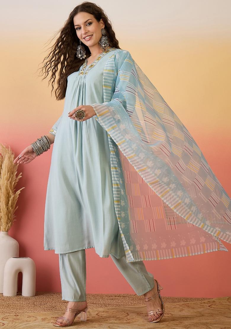 Sky Blue Resham Embroidery Art Silk Salwar Kameez With Dupatta