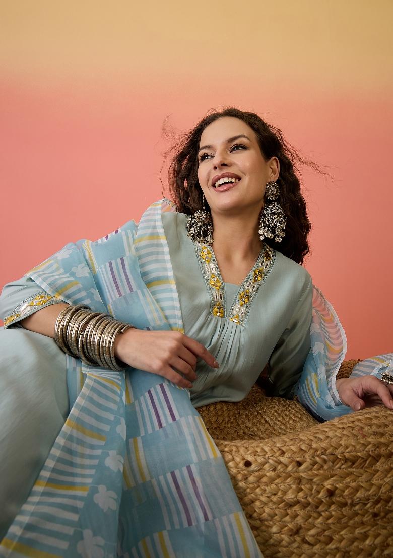 Sky Blue Resham Embroidery Art Silk Salwar Kameez With Dupatta