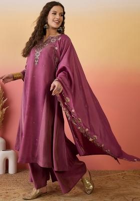 Pink Resham Embroidery Art Silk Salwar Kameez With Dupatta