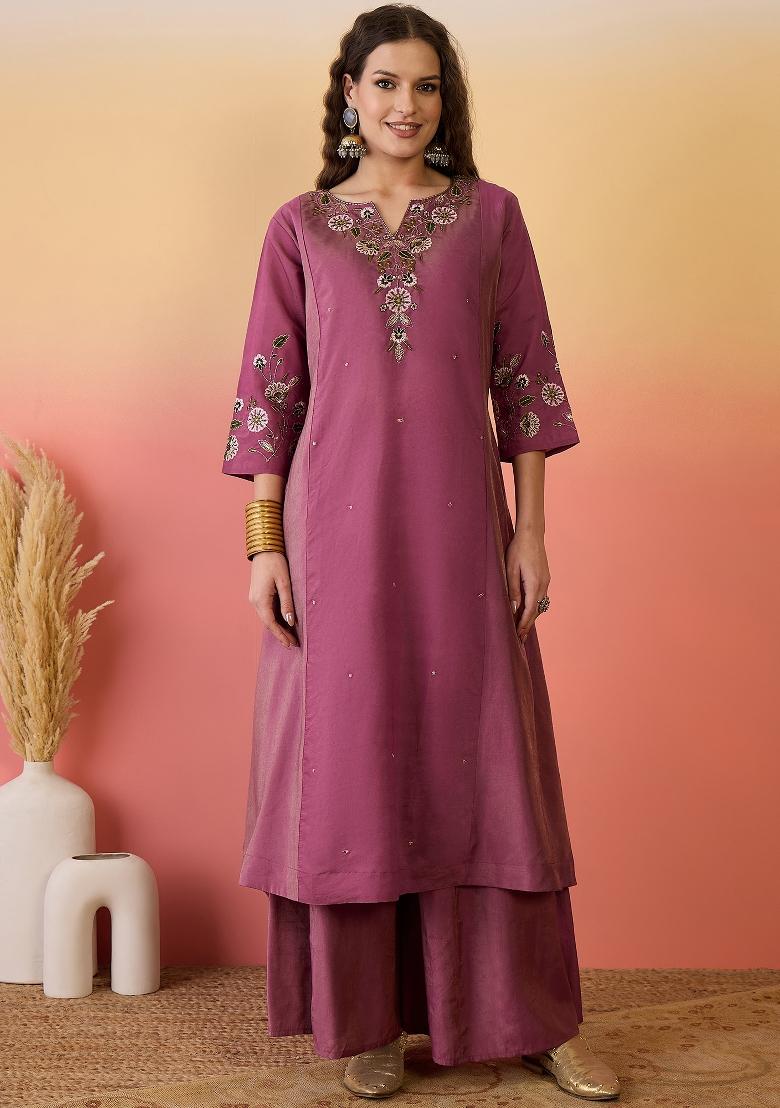 Pink Resham Embroidery Art Silk Salwar Kameez With Dupatta