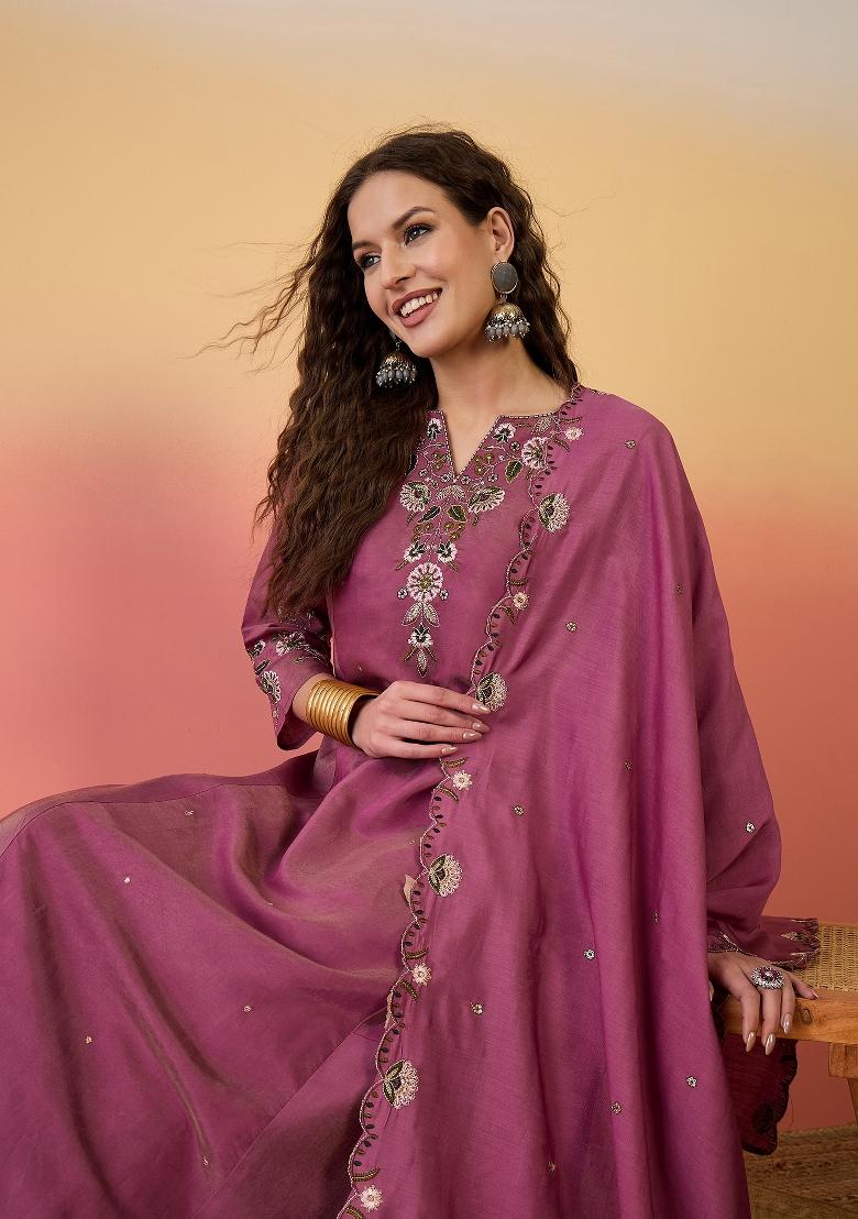 Pink Resham Embroidery Art Silk Salwar Kameez With Dupatta