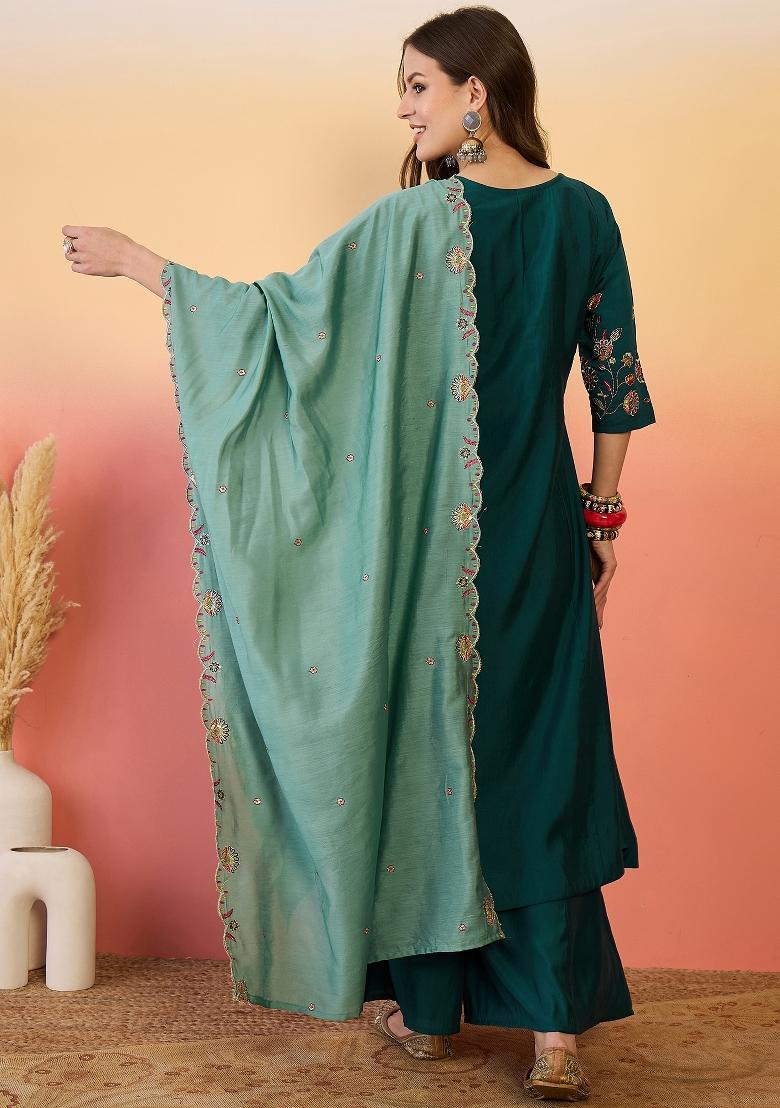 Green Resham Embroidery Art Silk Salwar Kameez With Dupatta