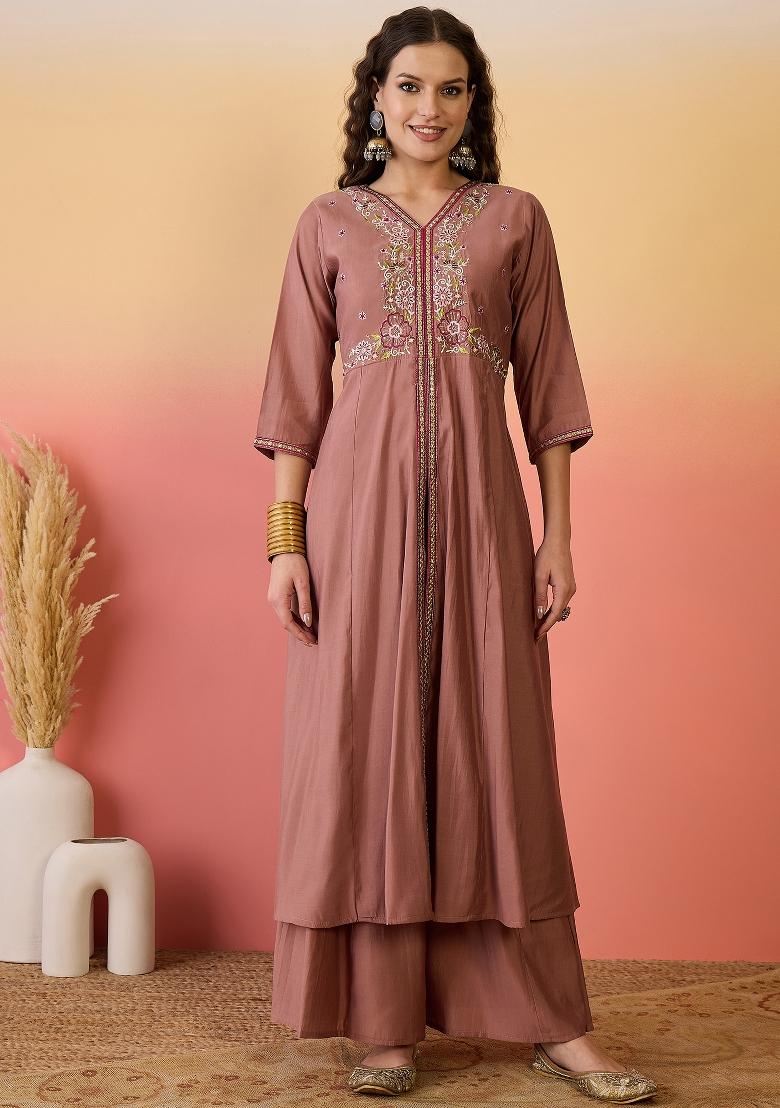 Brown Resham Embroidery Art Silk Salwar Kameez With Dupatta