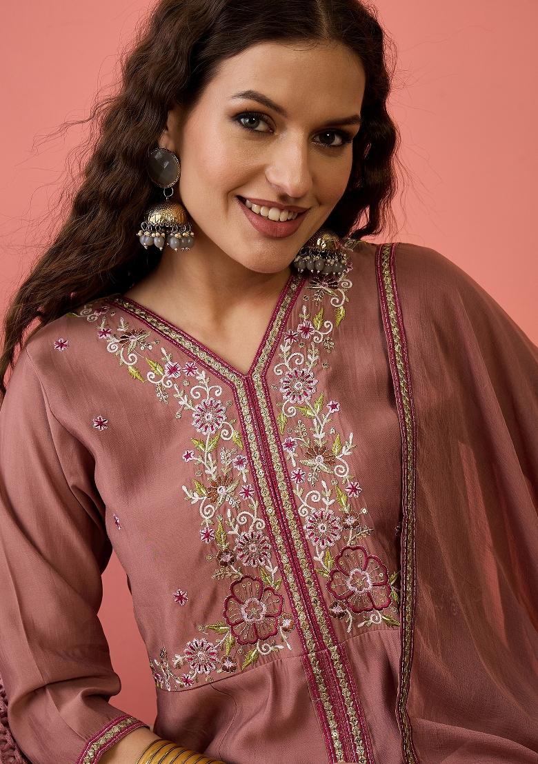 Brown Resham Embroidery Art Silk Salwar Kameez With Dupatta