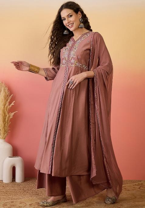 Brown Resham Embroidery Art Silk Salwar Kameez With Dupatta