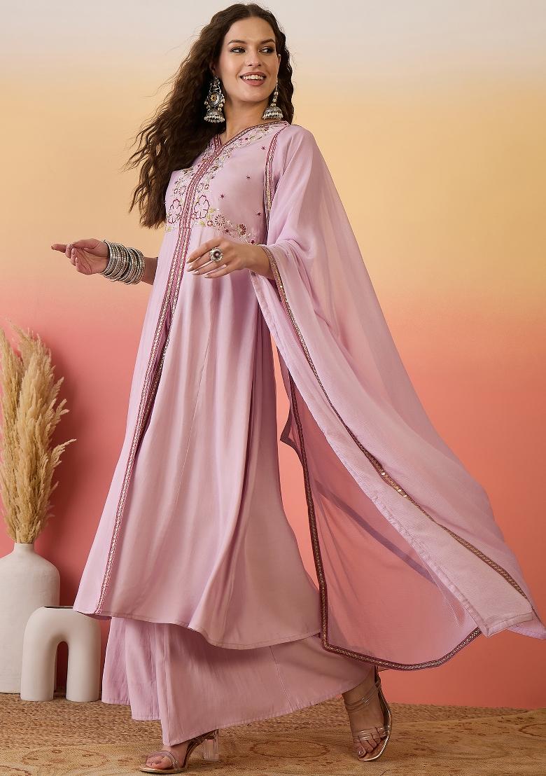 Pink Resham Embroidery Art Silk Salwar Kameez With Dupatta