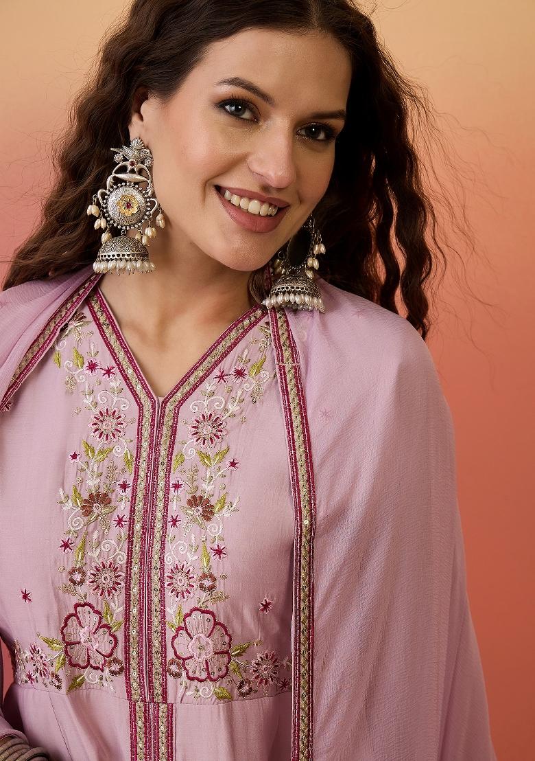 Pink Resham Embroidery Art Silk Salwar Kameez With Dupatta