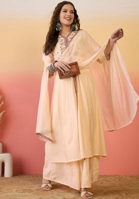 Peach Resham Embroidery Art Silk Salwar Kameez With Dupatta