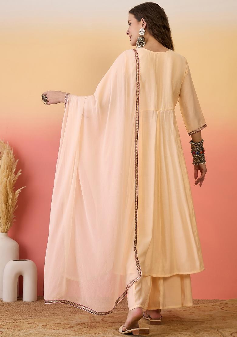 Peach Resham Embroidery Art Silk Salwar Kameez With Dupatta