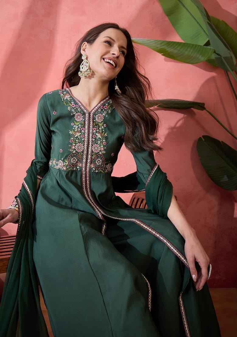 Green Resham Embroidery Art Silk Salwar Kameez With Dupatta