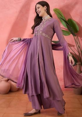 Purple Resham Embroidery Art Silk Salwar Kameez With Dupatta