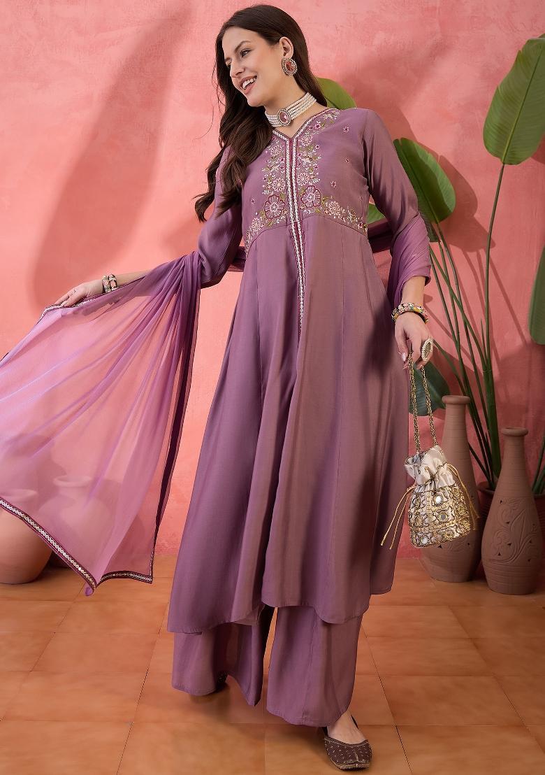 Purple Resham Embroidery Art Silk Salwar Kameez With Dupatta