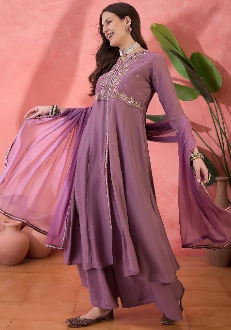 Purple Resham Embroidery Art Silk Salwar Kameez With Dupatta
