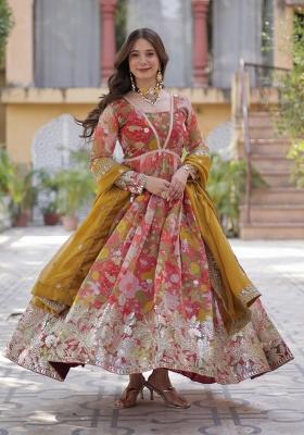 Red Zari Work Art Silk Anarkali Set With Dupatta