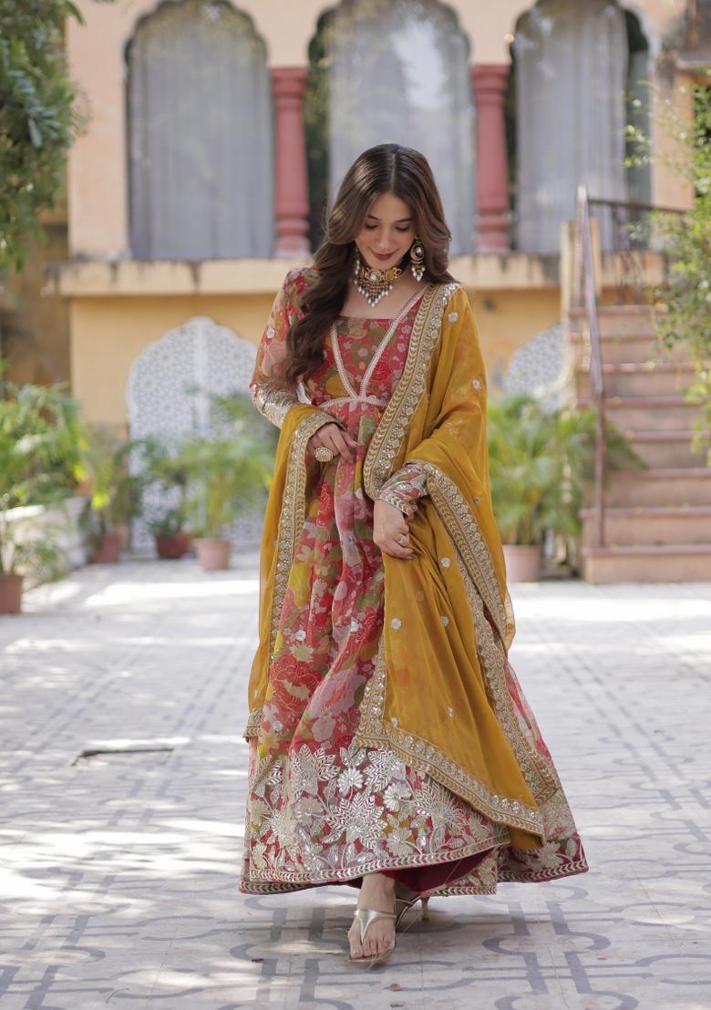 Red Zari Work Art Silk Anarkali Set With Dupatta