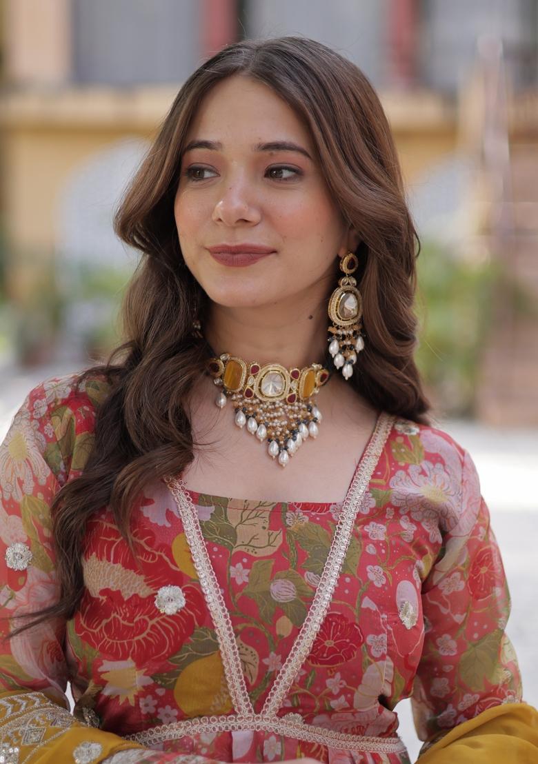 Red Zari Work Art Silk Anarkali Set With Dupatta