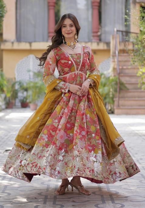 Red Zari Work Art Silk Anarkali Set With Dupatta