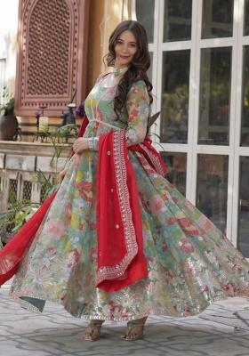 Sky Blue Zari Work Art Silk Anarkali Set With Dupatta