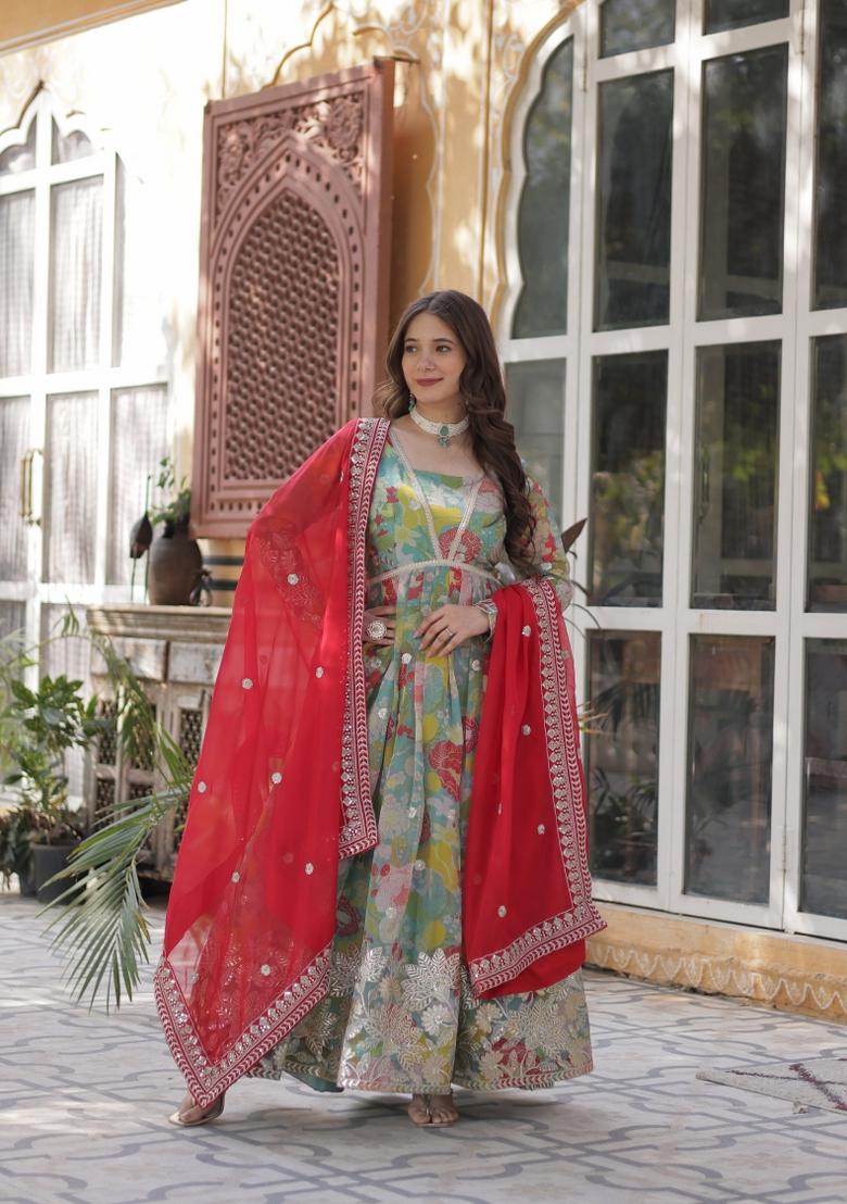 Sky Blue Zari Work Art Silk Anarkali Set With Dupatta