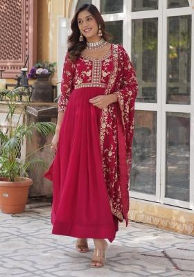 Pink Sequin Embroidered Georgette Anarkali Set With Dupatta