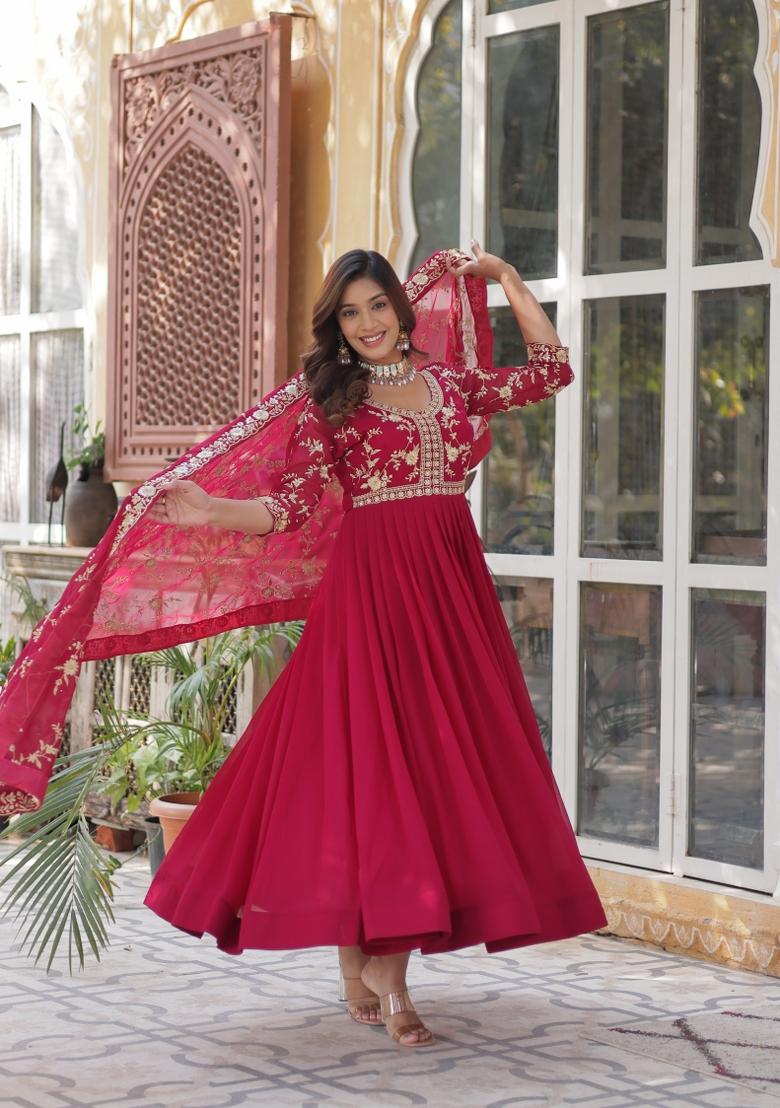 Pink Sequin Embroidered Georgette Anarkali Set With Dupatta