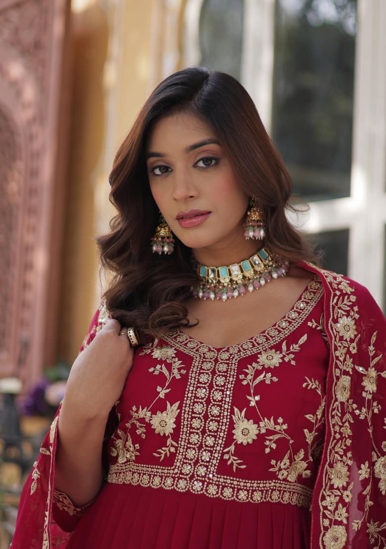 Pink Sequin Embroidered Georgette Anarkali Set With Dupatta