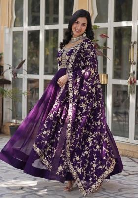 Purple Sequin Embroidered Georgette Anarkali Set With Dupatta