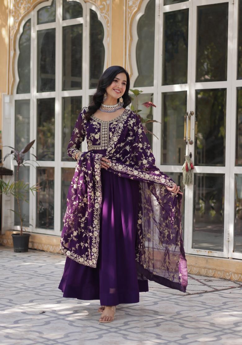 Purple Sequin Embroidered Georgette Anarkali Set With Dupatta