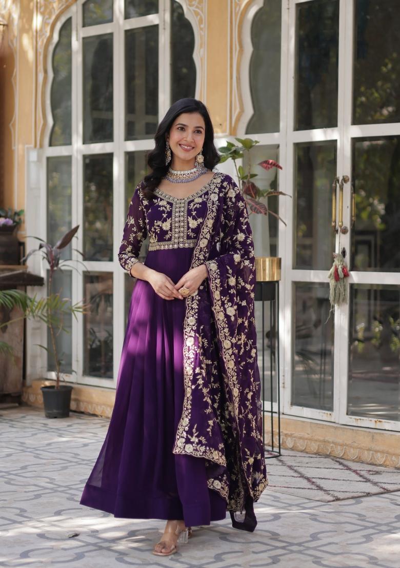 Purple Sequin Embroidered Georgette Anarkali Set With Dupatta