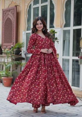 Maroon Floral Print Cotton Salwar Kameez With Dupatta