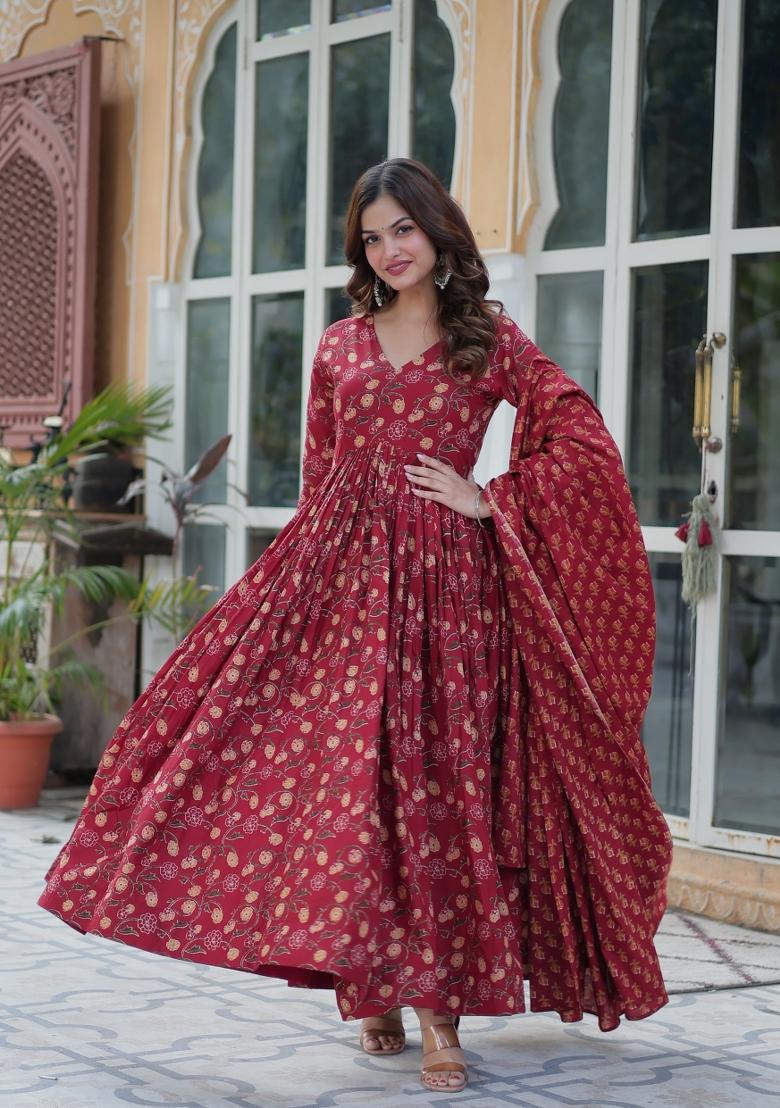 Maroon Floral Print Cotton Salwar Kameez With Dupatta