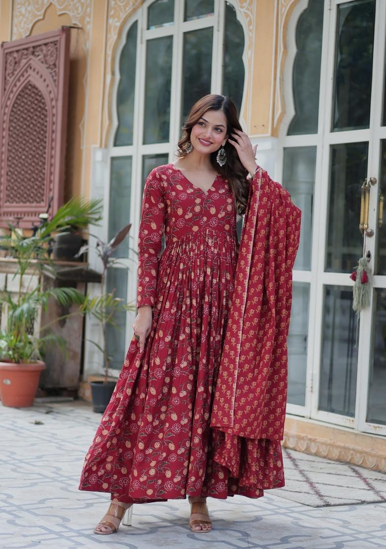 Maroon Floral Print Cotton Salwar Kameez With Dupatta