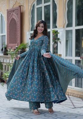 Green Floral Print Cotton Salwar Kameez With Dupatta