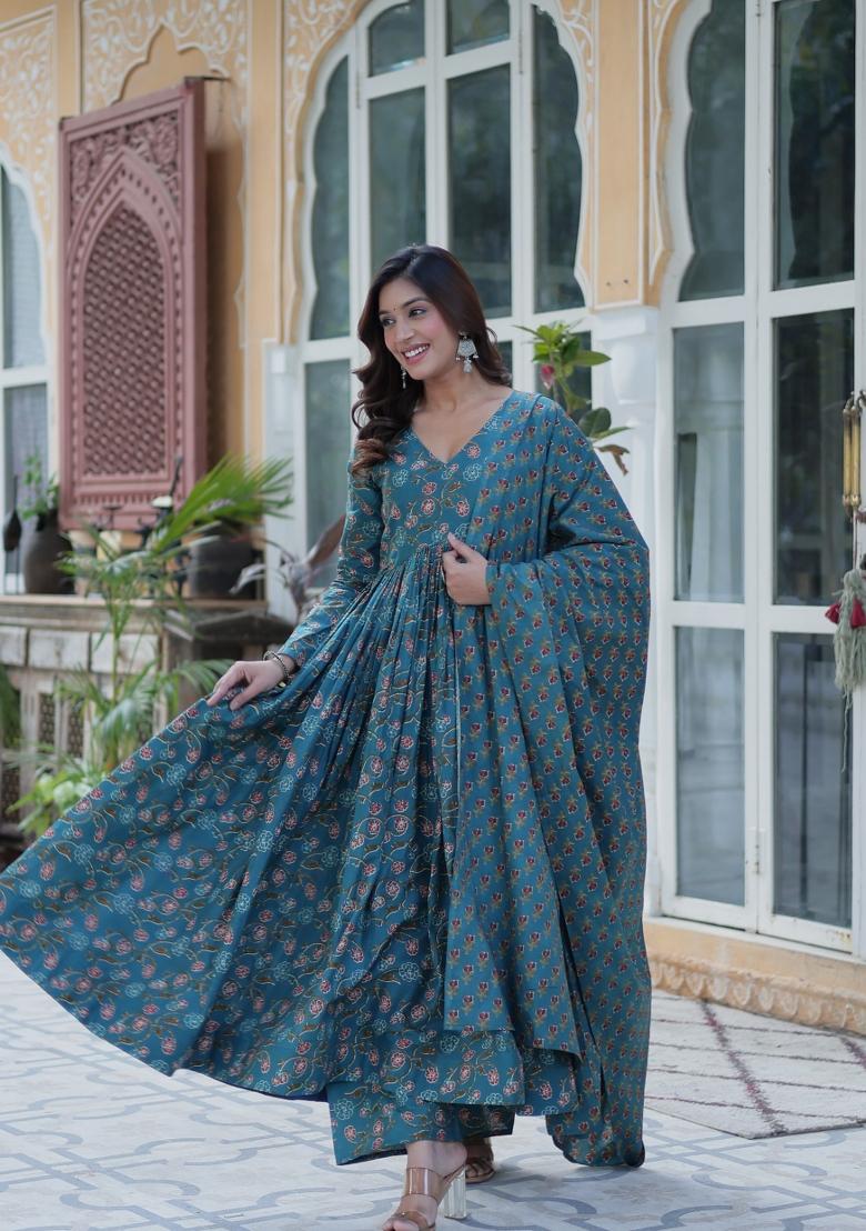 Green Floral Print Cotton Salwar Kameez With Dupatta